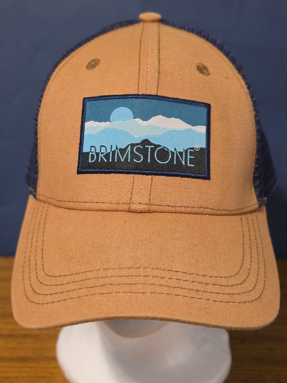 Brimstone Recreation Mountain Patch Trucker Hat Tan Navy Mesh Snapback Cap